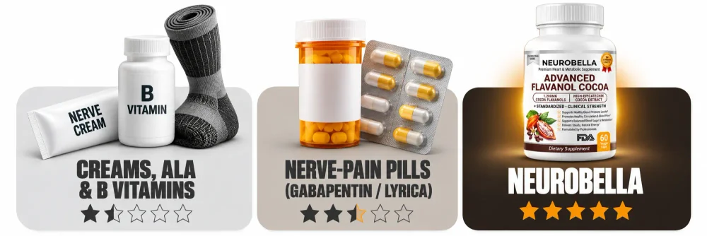 Creams and vitamins, nerve-pain pills, and Neurobella comparison graphic